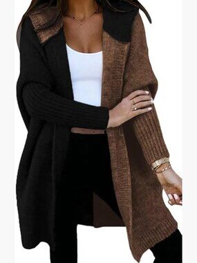 Long Sleeve Hooded Cardigan Sweater Open Front Color Block Knit